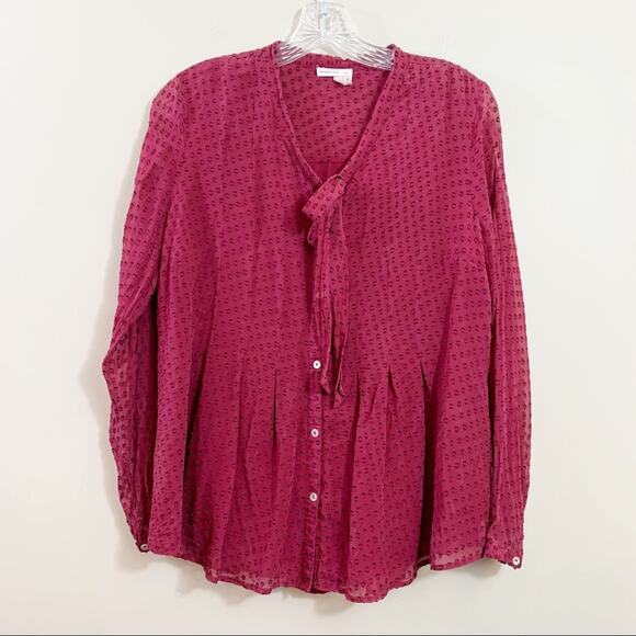 Anthropologie Meadow Rue Silk Burgundy Swiss Dot Tie Neck Blouse - Picture 3 of 9